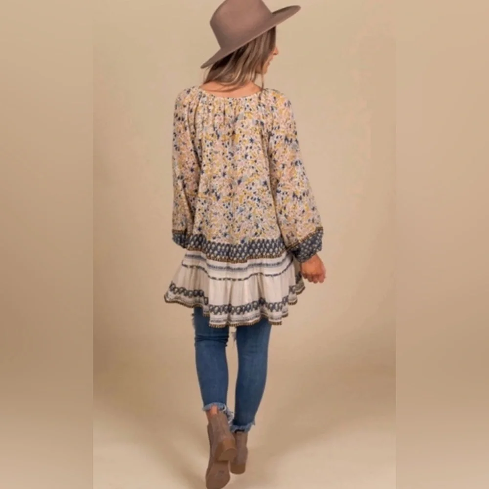Free People Gardenia Ivory Combo Floral Tunic Top Mini Dress - S